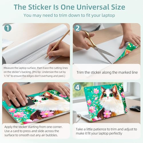 Universal Laptop Skin Decal, 3-Piece Vinyl Protector for 12 13 14 15.6" Notebook, Waterproof Anti-Scratch, Easy Trim & Bubble-Free Finish, Cat with Green Eyes - color: Cat with Green Eyes