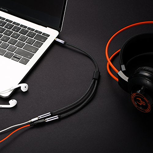 DUKABEL Headphone Splitter, Strong Braided & Gold-Plated 3.5mm Stereo Audio Y Splitter Cable 4-Pole Male to 2-Female Port Audio Stereo Cable Dual Headphone Jack Adapter Top Series - size: 11inch / 26cm