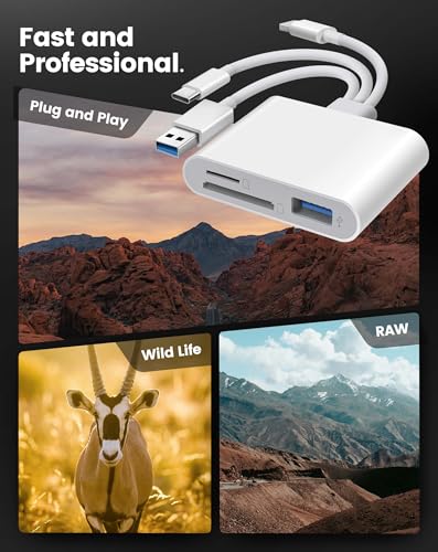 SD Card Reader for iPhone iPad Mac, Lightening & USB-C & USB-A 3 in 1 Memory SD Card Adapter, Support SD/MicroSD/USB OTG, High-Speed Trail Camera Card Viewer,Portable No App Plug & Play