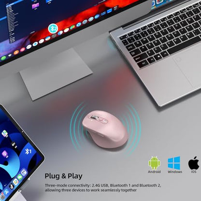 INFINMIND Wireless Bluetooth Mouse, Multi Device (BT1/BT2 + 2.4G USB) Mouse for Laptop, iPad & Mac, 4-Way Scroll with Side Buttons, Silent Click Ergonomic Offce Mouse, Adjustable DPI（Pink） - color: Pink