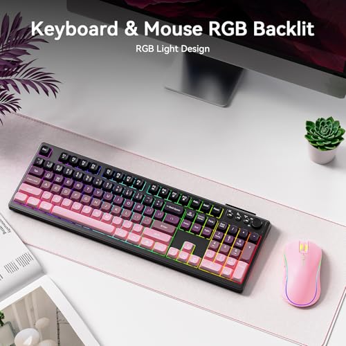 Wireless Keyboard and Mouse Combo, RGB Backlit Rechargeable 2000 mAh Battery, Wireless Computer Keyboards, Tri-Mode Bluetooth/2.4GHz/USB-C Custom Creamy Keyboard, RGB Backlit Media Knob (White-Pink) - color: Gradient pink