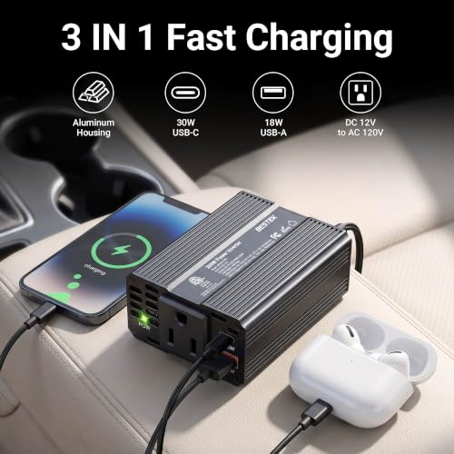 Bestek 200W Car Inverter Power Outlet DC 12V to AC 110V-Car Plug in Adapter Outlet with PD 30W USB-C QC 18W USB-A Fast Charging Port-Car Charger Cigarette Lighter Adapter for Phone,Laptop