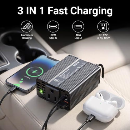 Bestek 200W Car Inverter Power Outlet DC 12V to AC 110V-Car Plug in Adapter Outlet with PD 30W USB-C QC 18W USB-A Fast Charging Port-Car Charger Cigarette Lighter Adapter for Phone,Laptop