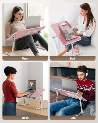 Laptop Desk for Bed with Cooling Fan, SAIJI Height & Angle Adjustable Laptop Stand for Bed, Lap Desk Tray Table, Lightweight Foldable Portable Computer Table - color: Pink