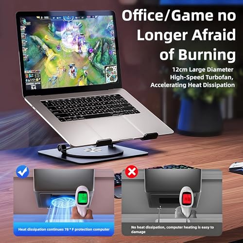 Adjustable Laptop Stand with Cooling Fan & 360 Rotating Base | Ergonomic Laptop Riser for Desk ,Foldable for 10-17'' Computer Gaming/DJ/Office Use - Silver - size: Extra Large