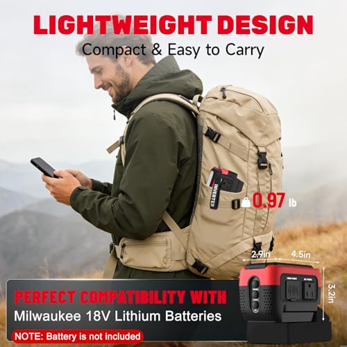 240W Power Inverter Pure Sine Wave Compatible with Milwaukee 18V Battery | No Battery, 7A Fast Charger, 120V AC Outlets, USB-C 140W, 2 QC USB Ports 18W, 600LM LED, Portable Power Station - color: Red
