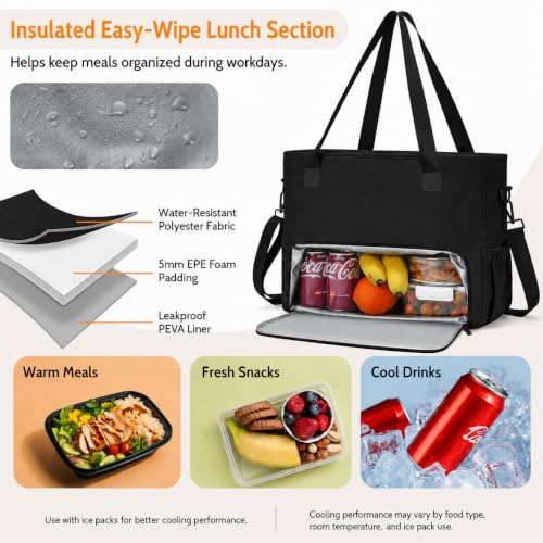 2-in-1 Insulated Lunch & Laptop Tote Bag for Women, Fits 15.6" Laptop, Lightweight Water-Resistant Polyester Work Tote Bag, Commuter Bag for Office, Teacher, Nurse & Travel, Black - color: Jet Black