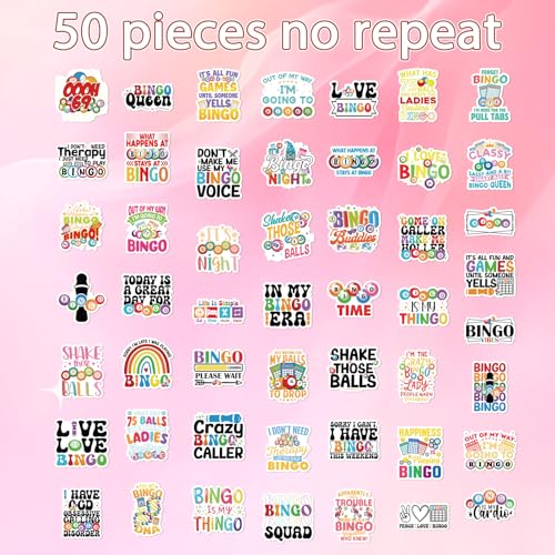 50 Pcs Funny Bingo Stickers for Adults Bingo Accessories Stickers | Bingo Game Sticker, Glossy Waterproof Vinyl, Bingo Phrases, Game Night Decals for Luggage Laptop Journal Water Bottle Party - style: Bingo