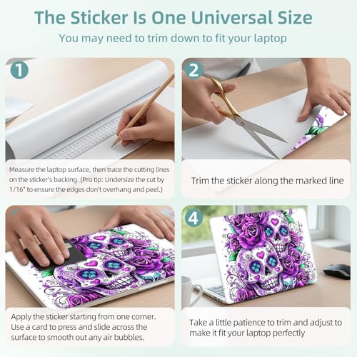 Universal Laptop Skin Decal, 3-Piece Vinyl Protector for 12 13 14 15.6" Notebook, Waterproof Anti-Scratch, Easy Trim & Bubble-Free Finish, Skull with Purple Roses - color: Skull with Purple Roses