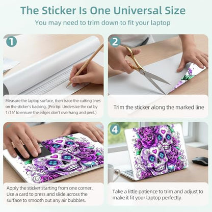 Universal Laptop Skin Decal, 3-Piece Vinyl Protector for 12 13 14 15.6" Notebook, Waterproof Anti-Scratch, Easy Trim & Bubble-Free Finish, Skull with Purple Roses - color: Skull with Purple Roses