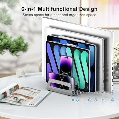 6-Slot Vertical Laptop Stand & Holder –Adjustable Aluminum Laptop Stand Vertical for Desk Fits 6 Devices, MacBook & Gaming Laptops (Up to 17.3”)–Space Saving Laptop Storage Rack - Grey - size: 6 - Slot
