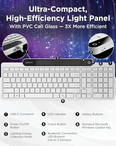 Lenovo 800 Self-Charging Bluetooth Keyboard, Uses Ambient Light for Charging, Bluetooth 5.1, Supports 3 Devices, Battery Free, Wireless, White - color: White