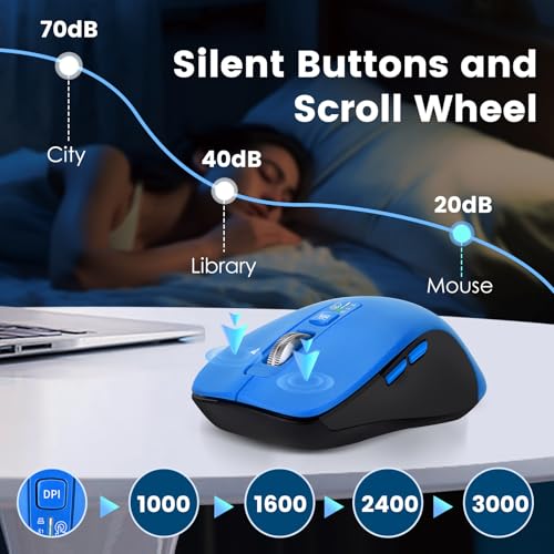 CITLLA Wireless Bluetooth Mouse (USB + BT1 + BT2), Full Size, 4-Way Scrolling, Multi-Device Silent Mouse for Computer, Laptop, iPad, MacBook (Blue) - color: Blue