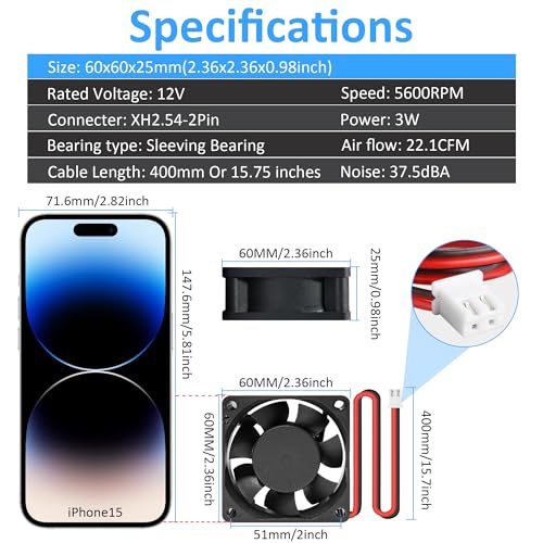 60mm Small 12V DC 2Pin Car Audio Vent Cooling Fan 5600RPM 2-Pack | Mini 12V DC Fan Long-Life Bearing for Incubator Electronics Heatsink Cooling - size: 60x25mm
