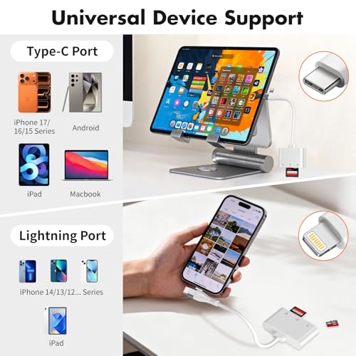 XD Card Reader for iPhone 17 16 15 14, 3-in-1 USB-C & Lightning SD Card Adapter for Olympus xD Picture Card, Micro SD Reader for MacBook, iPad, Android, Old Camera Photo Transfer