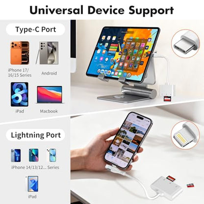 XD Card Reader for iPhone 17 16 15 14, 3-in-1 USB-C & Lightning SD Card Adapter for Olympus xD Picture Card, Micro SD Reader for MacBook, iPad, Android, Old Camera Photo Transfer