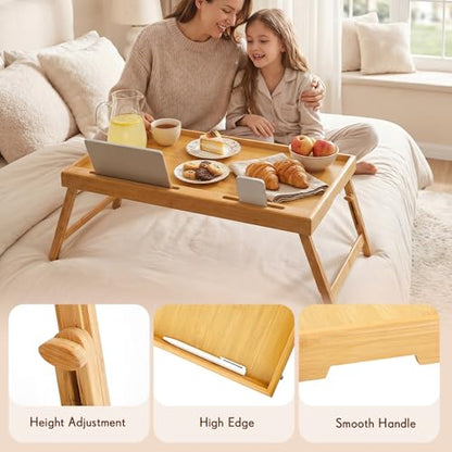 Bamboo Bed Tray Table with Adjustable Height Extra Large Breakfast Food Tray with Folding Legs, Media Slot & Handle, 30.3 x 15 Inch Laptop Desk for Eating, Working, Sofa, Couch, Bed