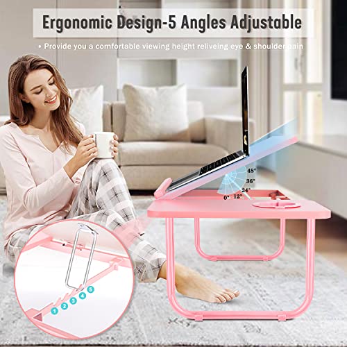 Laptop Bed Desk for Couch, 5-Angle Adjustable Laptop Bed Table for Adults | Foldable Lap Desk for Adults with Cup Holder, Bed Desk for Laptop and Writing,Working,Eating,Bed Tray Table for Laptop, Pink