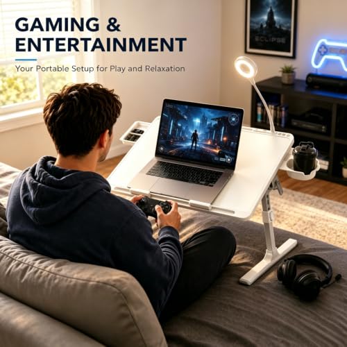 Foldable and Adjustable Laptop Bed Table with Hidden Drawer, Cup Holder, USB Voice-Controlled Night Light, White 23.6"x15.7", Suitable for Working, Gaming, and Other uses on Bed and Sofa - color: White