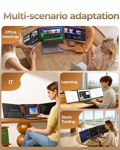 NGTeco 14 Inch Triple Screen Extender for Laptop, FHD 1080P Portable Monitor Ultra-Thin 2.2LB, Plug and Play with H5-T Adapter for 13.3-17.3 Inch Mac Windows Linux Chrome OS | Plug and Play, with H5-T Adapter, Retractable Stand, 100W Reverse Charge, IPS,f