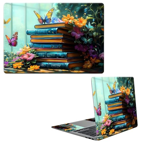 Laptop Skin Sticker Decal, Universal Protective Cover Fit 12 13 14 15.6 Inch Notebook, Reusable Water-Resistant Vinyl Decal w/ 2 Wrist Pads for Business Travel Office, Book Butterfly Flowers - color: Book Butterfly Flowers