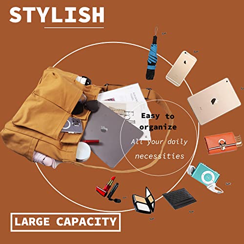 Canvas Messenger Bag Large Hobo Crossbody Bag with Multiple Pockets Casual Shoulder Tote Bag for Women and Men - color: Brown