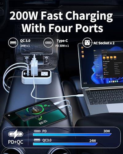 200W Car Power Inverter, Blubluman DC 12V to 110V AC Car Plug Adapter Outlet with 30W PD Charger, QC3.0 Fast Charger 24W, Power Inverter for Vehicles, Outlet for Laptop Computer Charger