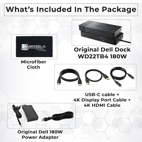 Dell WD22TB4 Thunderbolt 4 Dock Bundle - 40Gbps USB-C/USB-A, 3 Year Warranty with 180W Adapter, Anyhdd HDMI, DP, USB-C Cable & Cloth - Docking Station, Supports Dual/Triple Monitors & 4k Display