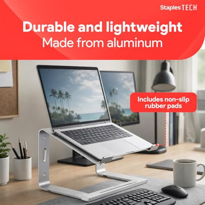 Staples TECH Adjustable Aluminum Laptop Stand – Fits 11"–17" Laptops, Ergonomic Eye‑Level Riser with Ventilated Cooling & Anti‑Slip Base, Silver - style: Silver