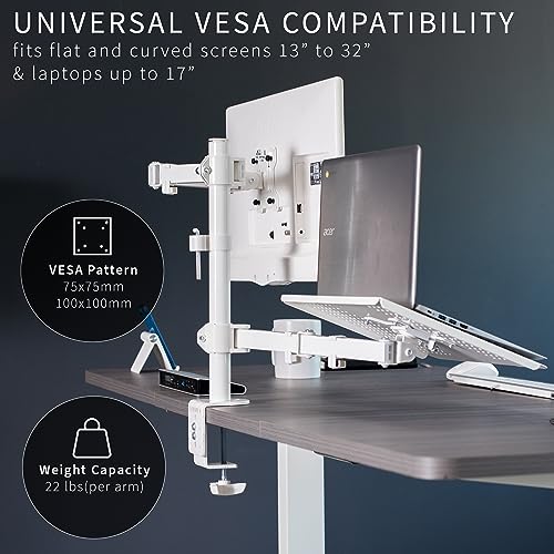 VIVO Fully Adjustable 13 to 32 inch Single Computer Monitor and Laptop Desk Mount Combo, Stand with Grommet Option, Fits up to 17 inch Laptops, White STAND-V002CW - color: White