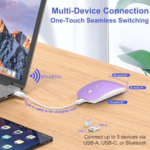Bluetooth Wireless Mouse for MacBook Air Mac Pro Laptop Computer iPad Pad PC Laser Optical Rechargeable Mini Slim Silent Mouse Widely Used Desktop Hp iMac (Purple) - color: Purple