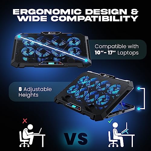 KLIM V8 Gaming Laptop Cooling Pad with 8 Fans + New Version + Gaming Laptop Cooler + Stable RGB Laptop Stand with Fan + Compatible up to 17" + 2 USB Ports + Phone Holder + 5 Year Assurance | Adjustable tilt angle - integrated mobile phone holder - 5 year