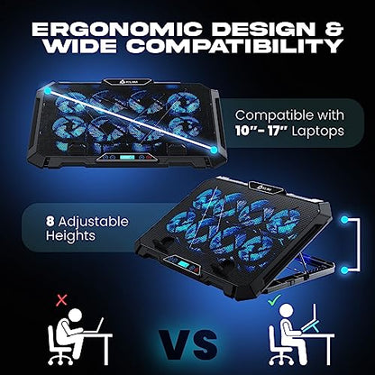 KLIM V8 Gaming Laptop Cooling Pad with 8 Fans + New Version + Gaming Laptop Cooler + Stable RGB Laptop Stand with Fan + Compatible up to 17" + 2 USB Ports + Phone Holder + 5 Year Assurance | Adjustable tilt angle - integrated mobile phone holder - 5 year