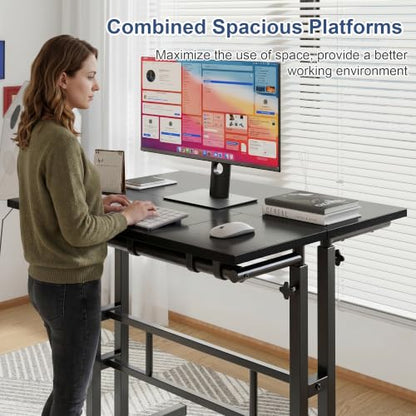 VECELO Mobile Small Standing Desk Adjustable Height, Computer Workstations with Tiltable Tabletop, Lockable Wheels, Portable Rolling Laptop Desk for Home Office, Black - color: Black