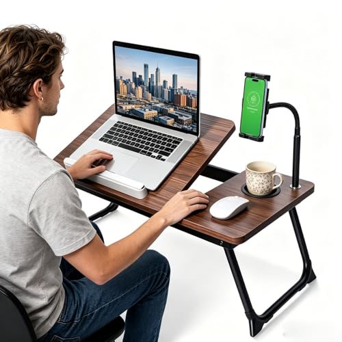 Foldable Lap Desk for Bed and Sofa, Portable Laptop Desk with Gooseneck Phone Stand, Cup Holder & Mouse Pad Extension, Extra Large Bed Desk Tray fits up to 17" Laptops (Walnut) - color: Walnut