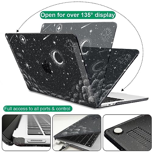 for 2022 2023 2024 2025 2026 MacBook Air 13 inch Case M5 A3449 M4 A3240 M3 A3113 M2 A2681 Cover, Glitter Black Printed Pattern Plastic Hard Shell Case for Mac Air 13.6 M5 2026, Stars & Moon - color: Stars & Moon