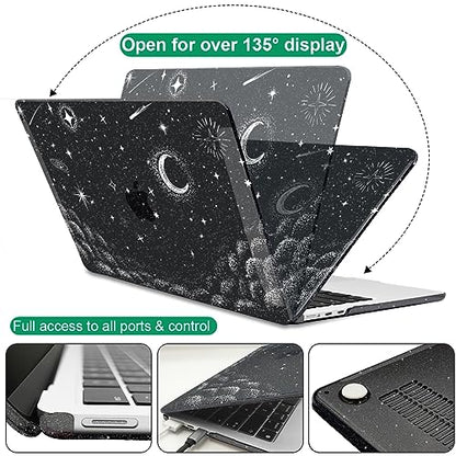 for 2022 2023 2024 2025 2026 MacBook Air 13 inch Case M5 A3449 M4 A3240 M3 A3113 M2 A2681 Cover, Glitter Black Printed Pattern Plastic Hard Shell Case for Mac Air 13.6 M5 2026, Stars & Moon - color: Stars & Moon