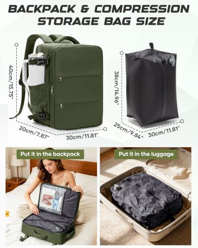 Travel Backpack for Women Men with Compression Vacuum Storage Bag & Electric Pump, Flight Approved Carry On Backpack, Frontier Spirit Airlines Personal Item Bag 18x14x8, Olive Green - color: Olive Green