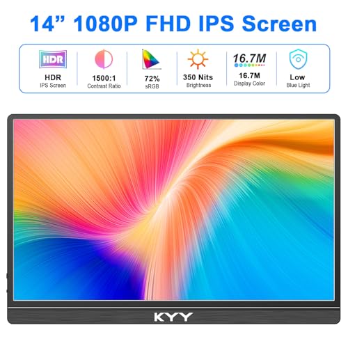 KYY Portable Laptop Monitor,14"1080P Travel Computer Screen with VESA Mount | 14"USB-C & HDMI Computer Gaming Screen with Smart Cover, Dual Speakers, for Mac PC Phone Xbox PS5 Switch, K5-3 - color: Black