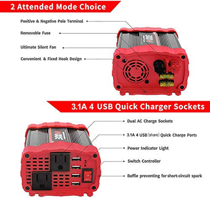BYGD 300W Car Power Inverter, DC 12V to 110V AC Vehicle Plug Adapter Converter with 4 USB Quick Charging Ports and Dual AC Outlets Car Charger Equipped Cigarette Lighter Cable and Battery Clamps Red - size: 300W