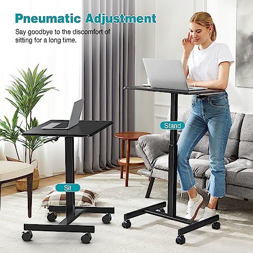 DUMOS Mobile Small Standing Desk, Portable Rolling Laptop Desk with 2 Lockable Wheels, Adjustable Height Computer Workstation for Home Office, 19 Inch Black - color: Black