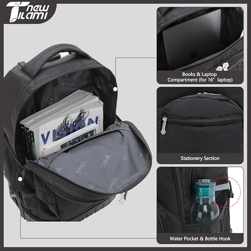 NEW TILAMI 16 Inch Rolling Backpack with Lunch Bag for Girls Boys School | 6-Wheel Stair-Climbing Girls Boys Carry-on Suitcase Water-Resistant Adjustable Trolley Handle Wheels School Travel Camping - color: Solid Black