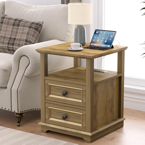 End Table with Fast USB C Charging Station, Sofa Side Table with 2 Drawers, Large Storage Rustic Wood Square Storage Cabinet for Living Room,Bedroom,Office, Light Brown - color: Light Brown, size: 1 Piece