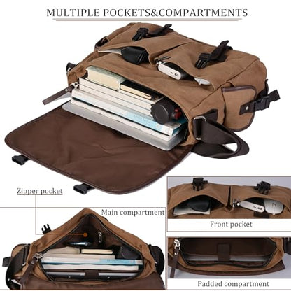15.6 Inch Laptop Messenger Bag for Men Women, Canvas Computer Shoulder Bag, Work Briefcase for Business College Travel | Anti-theft Design - color: Coffee