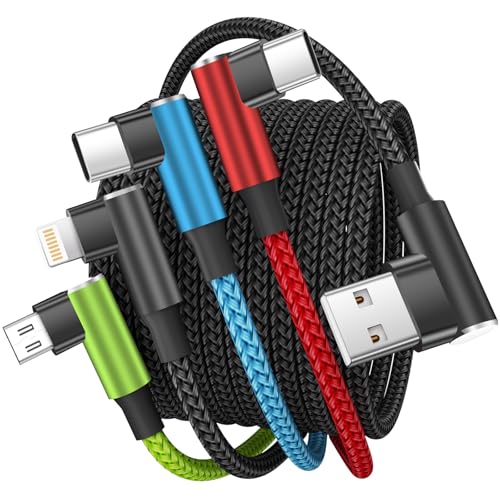Travel Vacation Essentials Multi Charging Cable, Right Angle 4 in 1 Charging Cable, Long Phone Charger Cords with IP/Type C/Type C/Micro Port, Compatible with Most Cell Phones and More （1Pack 5FT） - color: USB A-Red_Blue_Black_Green-1Pack, size: 1Pack 5FT