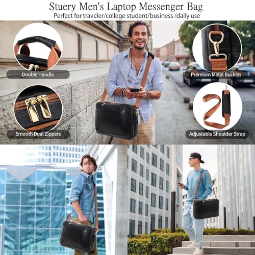 Stuery Faux Leather Messenger Bag for Men 17-17.3 Inch: Laptop Bag Briefcase Computer Handbags Shoulder Crossbody Bag with Padded Laptop Sleeve for Work College Travel, Black Brown - color: Pu Black Brown