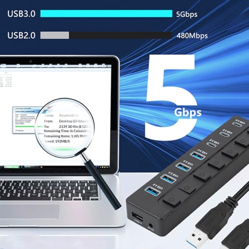 7 Port USB3.0 Adapter with 3 Type C and Individual Switches 5Gbps Fast Data Transfer Expansion Dock for Laptops PC