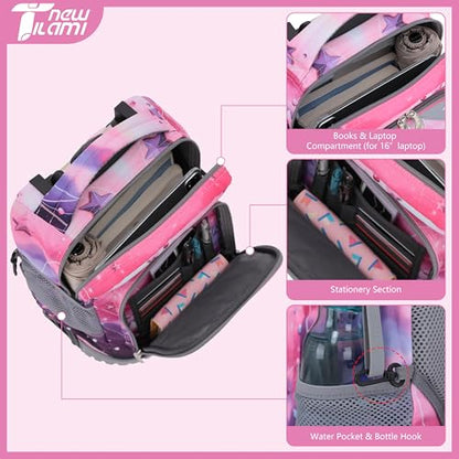 NEW TILAMI 16 Inch Rolling Backpack with Lunch Bag for Girls Boys School | 6-Wheel Stair-Climbing Girls Boys Carry-on Suitcase Water-Resistant Adjustable Trolley Handle Wheels School Travel Camping - color: Pink - Purple Galaxy