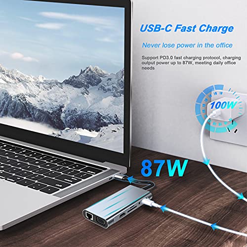 USB C HUB 11 in 1 Docking Station Compatible with MacBook Pro/Air | USB C Adapter with 4K HDMI/VGA/USB C PD/USB3.0/RJ45 Ethernet/SD/TF Card Reader/3.5mm AUX Compatible with Other Type C Laptops - size: 11 in 1