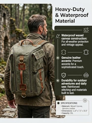 Heavy-Duty Waxed Canvas Backpack for Men, 17 Inch Laptop Rucksack with Genuine Leather, Multi-Pocket Travel Bag for Work, Hiking, and Camping - color: Army Green